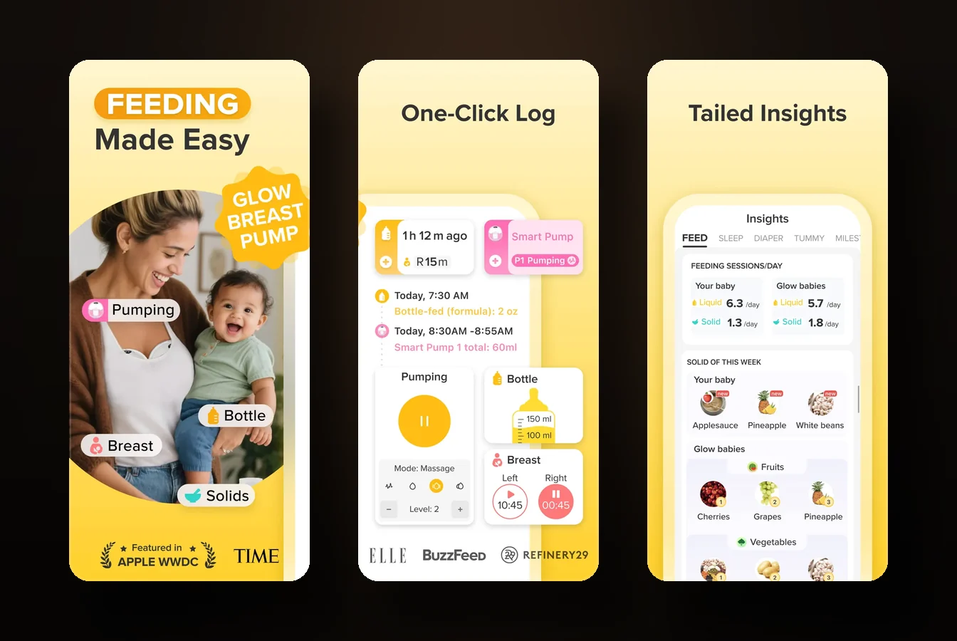 Glow Baby app screens