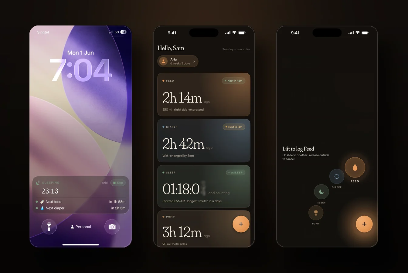 One Baby screens: the lock-screen countdown, the home view, and one-handed logging